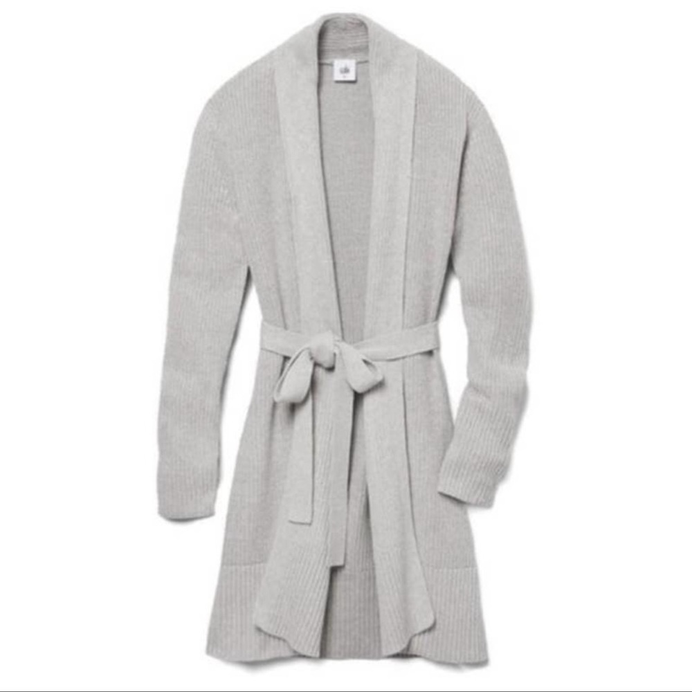 Light Gray Ribbed Shawl-Collar Tie-Waist Sweater Cardigan